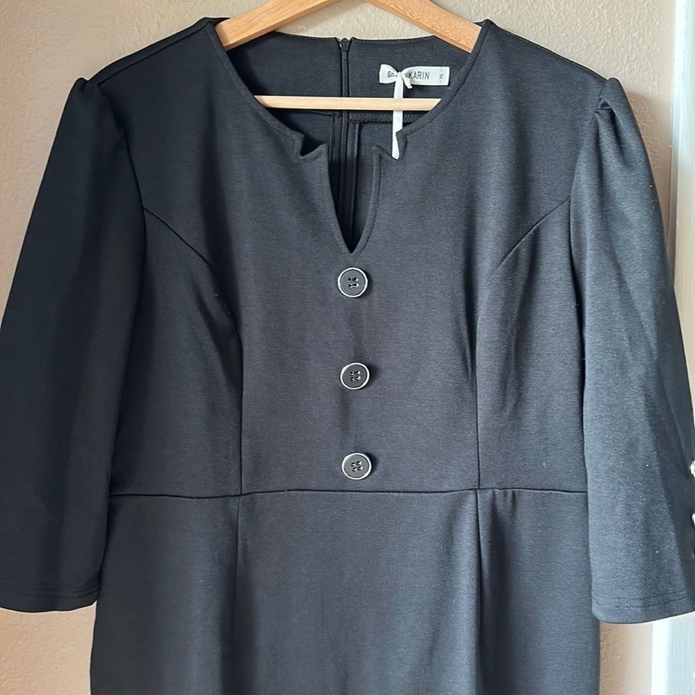 NWT GRACE KARIN 3/4 Sleeve Black Button Detail Midi Dress